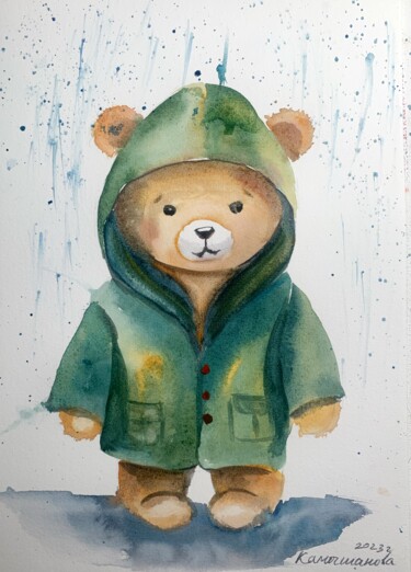 Painting titled "A bear cub in a gre…" by Daria Kamishanova, Original Artwork, Watercolor