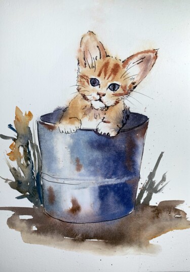 Malarstwo zatytułowany „Kitten in a rusty b…” autorstwa Daria Kamishanova, Oryginalna praca, Akwarela