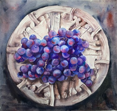 Pintura intitulada "Grapes on a plate" por Daria Kamishanova, Obras de arte originais, Aquarela