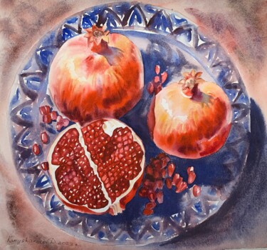 Malerei mit dem Titel "Pomegranates on a p…" von Daria Kamishanova, Original-Kunstwerk, Aquarell