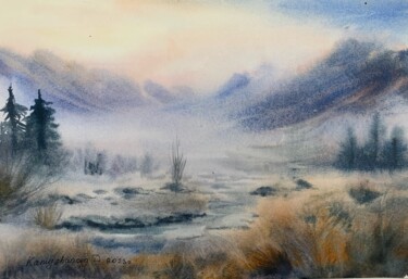 Malerei mit dem Titel "Foggy landscape" von Daria Kamishanova, Original-Kunstwerk, Aquarell