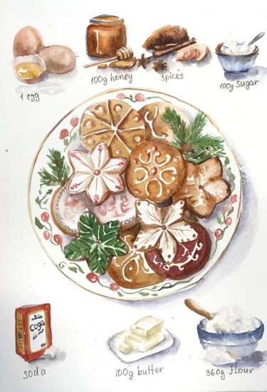 Peinture intitulée "Gingerbread cookies" par Daria Kamishanova, Œuvre d'art originale, Aquarelle