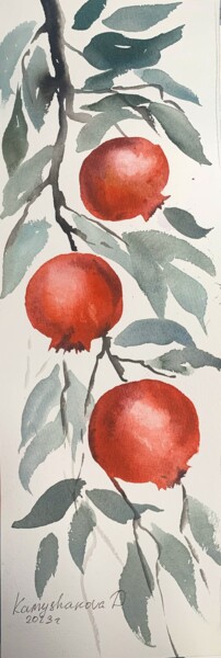 Pintura intitulada "A branch with pomeg…" por Daria Kamishanova, Obras de arte originais, Aquarela