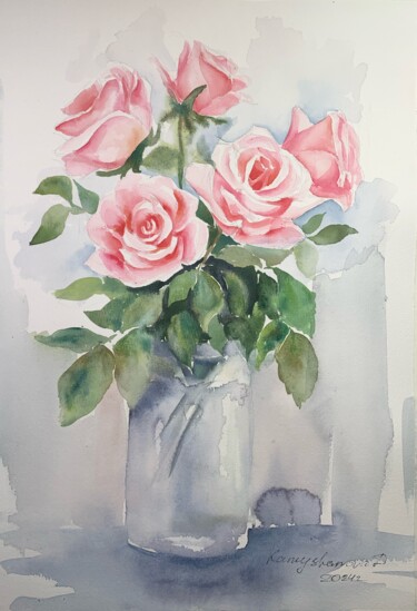 Painting titled "Bouquet of roses" by Daria Kamishanova, Original Artwork, Watercolor