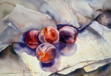 Painting titled "Red plums" by Daria Kamishanova, Original Artwork, Watercolor