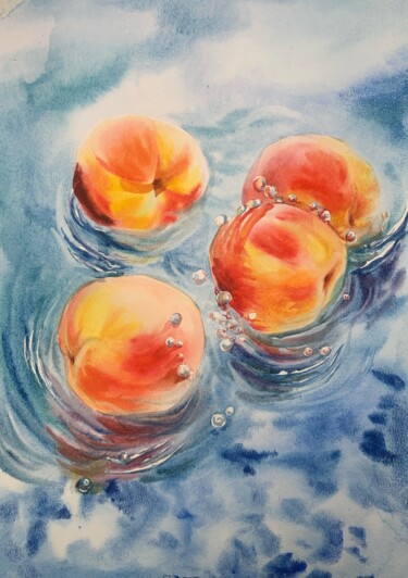 Painting titled "Peaches in the water" by Daria Kamishanova, Original Artwork, Watercolor