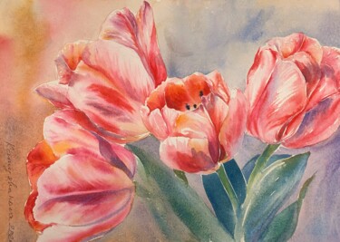 Pittura intitolato "Pink tulips" da Daria Kamishanova, Opera d'arte originale, Acquarello
