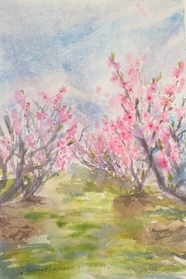 Malerei mit dem Titel "Peach orchard" von Daria Kamishanova, Original-Kunstwerk, Aquarell