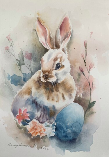 Картина под названием "Easter bunny" - Daria Kamishanova, Подлинное произведение искусства, Акварель