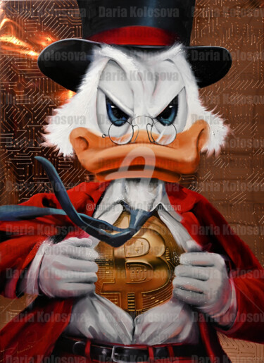 Painting titled "Duck With Bitcoin" by Daria Kolosova, Original Artwork, Oil