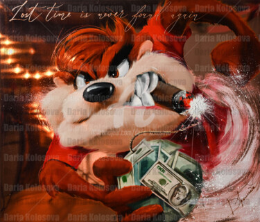 Painting titled "Taz with money bomb" by Daria Kolosova, Original Artwork, Oil