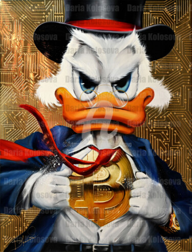 Картина под названием "Duck With Bitcoin o…" - Daria Kolosova, Подлинное произведение искусства, Масло