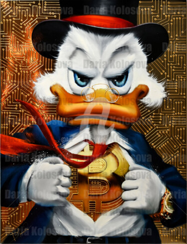 Schilderij getiteld "Duck with Bitcoin G…" door Daria Kolosova, Origineel Kunstwerk, Olie