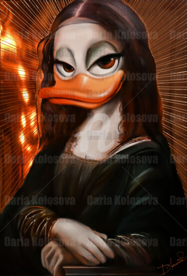 Painting titled "Mona Duck" by Daria Kolosova, Original Artwork, Oil Mounted on Wood Stretcher frame