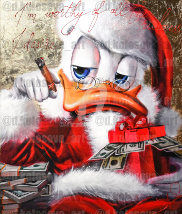 Schilderij getiteld "Santa Duck - Giclee" door Daria Kolosova, Origineel Kunstwerk, Olie