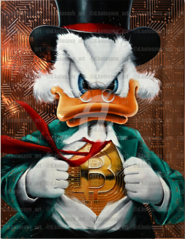 Painting titled "Duck with Bitcoin (…" by Daria Kolosova, Original Artwork, Oil Mounted on Wood Stretcher frame