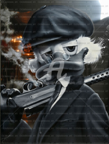 Painting titled "Peaky Duck with cig…" by Daria Kolosova, Original Artwork, Oil Mounted on Wood Stretcher frame