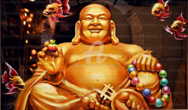 Malarstwo zatytułowany „Laughing Buddha” autorstwa Daria Kolosova, Oryginalna praca, Olej Zamontowany na Drewniana rama noszy