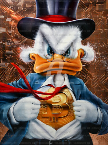 Painting titled "Duck with BTC" by Daria Kolosova, Original Artwork, Oil Mounted on Wood Stretcher frame