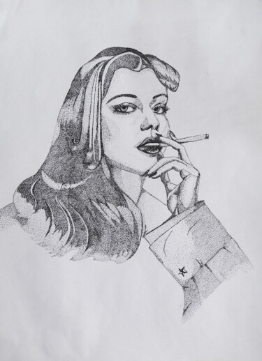 Drawing titled "Girl with a cigaret…" by Daria Motovilova, Original Artwork, Gel pen