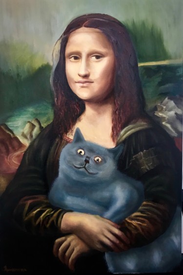Painting titled "Mona Lisa and cat" by Daria Pribytkova, Original Artwork, Oil