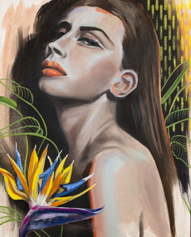 Painting titled "Girl and strelitzia…" by Daria Shalik, Original Artwork, Oil Mounted on Wood Stretcher frame