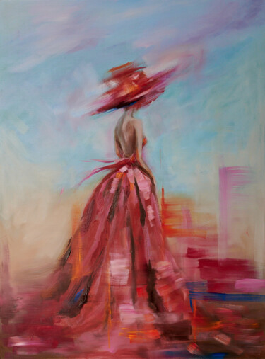 Painting titled "Lady in pink dress" by Daria Shalik, Original Artwork, Oil Mounted on Wood Stretcher frame