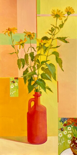 Schilderij getiteld "Yellow daisies" door Daria Zasukhina, Origineel Kunstwerk, Olie Gemonteerd op Frame voor houten brancard