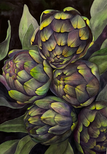 Pittura intitolato "An artichoke under…" da Dariia Pavlenko, Opera d'arte originale, Acquarello