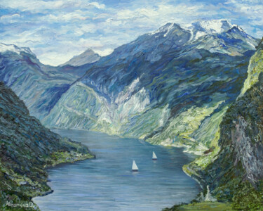 Painting titled "FJORDS" by Darina Abramova, Original Artwork, Oil Mounted on Wood Panel