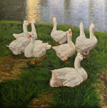 Painting titled "Geese" by Dario Cavicchioni, Original Artwork, Oil Mounted on Wood Stretcher frame