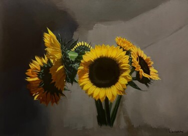 Painting titled "Sunflowers" by Dario Cavicchioni, Original Artwork, Oil Mounted on Wood Stretcher frame