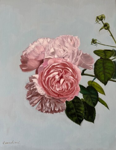 Painting titled "Pink roses #3" by Dario Cavicchioni, Original Artwork, Oil Mounted on Wood Stretcher frame