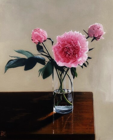 Painting titled "Pink peonies" by Dario Cavicchioni, Original Artwork, Oil Mounted on Wood Stretcher frame