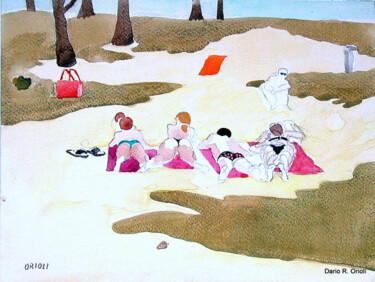 Painting titled "On the Beach" by Dario Raffaele Orioli, Original Artwork, Watercolor