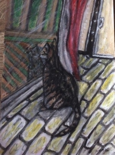 Pintura intitulada "Waiting shadow gato…" por Daris, Obras de arte originais, Acrílico