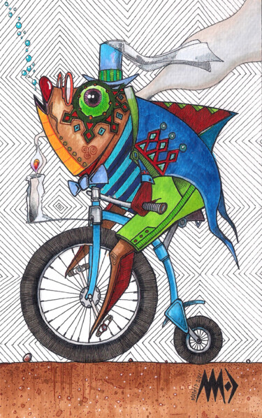 Tekening getiteld "Rybi cyklista" door Dariusz Demoon Madaj, Origineel Kunstwerk, Marker
