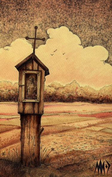 Rysunek zatytułowany „Kapliczka na pniu -…” autorstwa Dariusz Demoon Madaj, Oryginalna praca, Marker