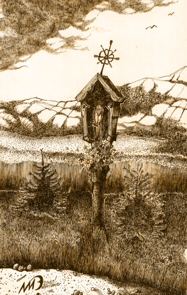 Rysunek zatytułowany „Kapliczka drewniana…” autorstwa Dariusz Demoon Madaj, Oryginalna praca, Marker