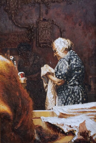 Pintura intitulada "Interior with women." por Dariusz Romanowski, Obras de arte originais, Óleo