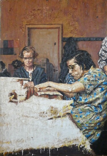 Pintura titulada "Women at a table 1." por Dariusz Romanowski, Obra de arte original, Oleo