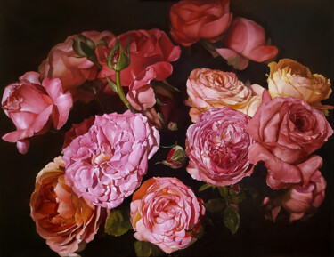 Peinture intitulée "Peony roses" par Darkan Yermekbayev, Œuvre d'art originale, Huile