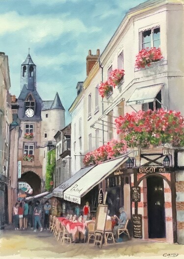 Painting titled "French cafe scene" by Darrencareyart Darren Carey, Original Artwork, Watercolor Mounted on Cardboard
