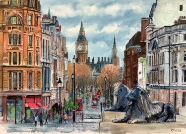Pintura intitulada "Trafalgar Square" por Darrencareyart Darren Carey, Obras de arte originais, Aquarela