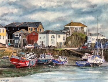 Painting titled "Mevagissey Harbour,…" by Darrencareyart Darren Carey, Original Artwork, Watercolor Mounted on Cardboard