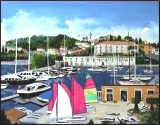 Painting titled "base nautique et ec…" by Gisèle Darrieux-Boblin, Original Artwork, Oil