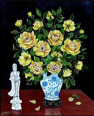 Peinture intitulée "roses thé au vase c…" par Gisèle Darrieux-Boblin, Œuvre d'art originale, Huile