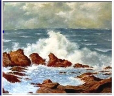 Peinture intitulée "vague sur rochers" par Gisèle Darrieux-Boblin, Œuvre d'art originale
