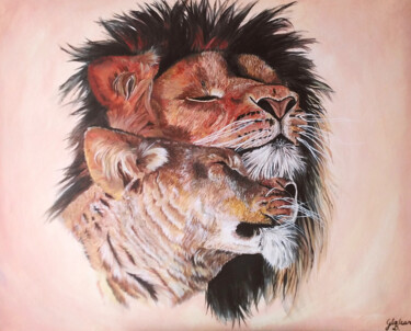 Painting titled "Couple Lion Tableau" by Glodean Dimblon, Original Artwork, Acrylic Mounted on Wood Stretcher frame