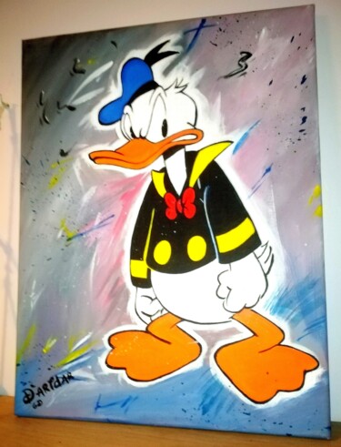 Painting titled "Peinture Donald Duck" by Glodean Dimblon, Original Artwork, Acrylic Mounted on Wood Stretcher frame